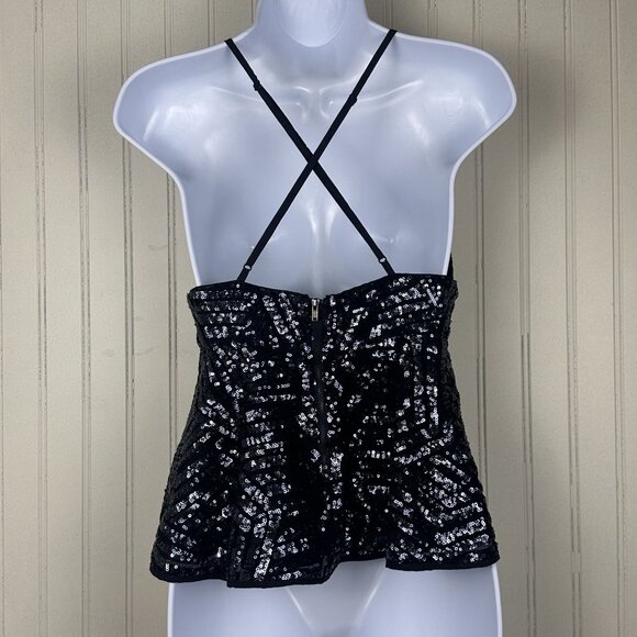 Forever 21 Sequin Peplum Black Top Size Medium Zipper Back And Adjustable Straps - Picture 4 of 11